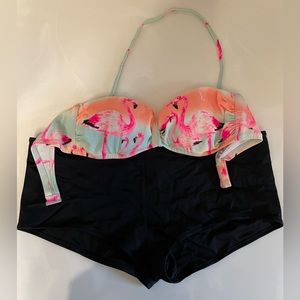 Victoria Secret Pink flamingo bikini top/black boy shorts swimwear